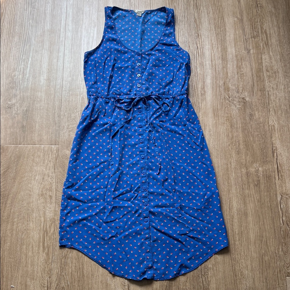Fossil Blue Patterned Sleeveless T-shirt Midi Dress with Waist Tie Size Small